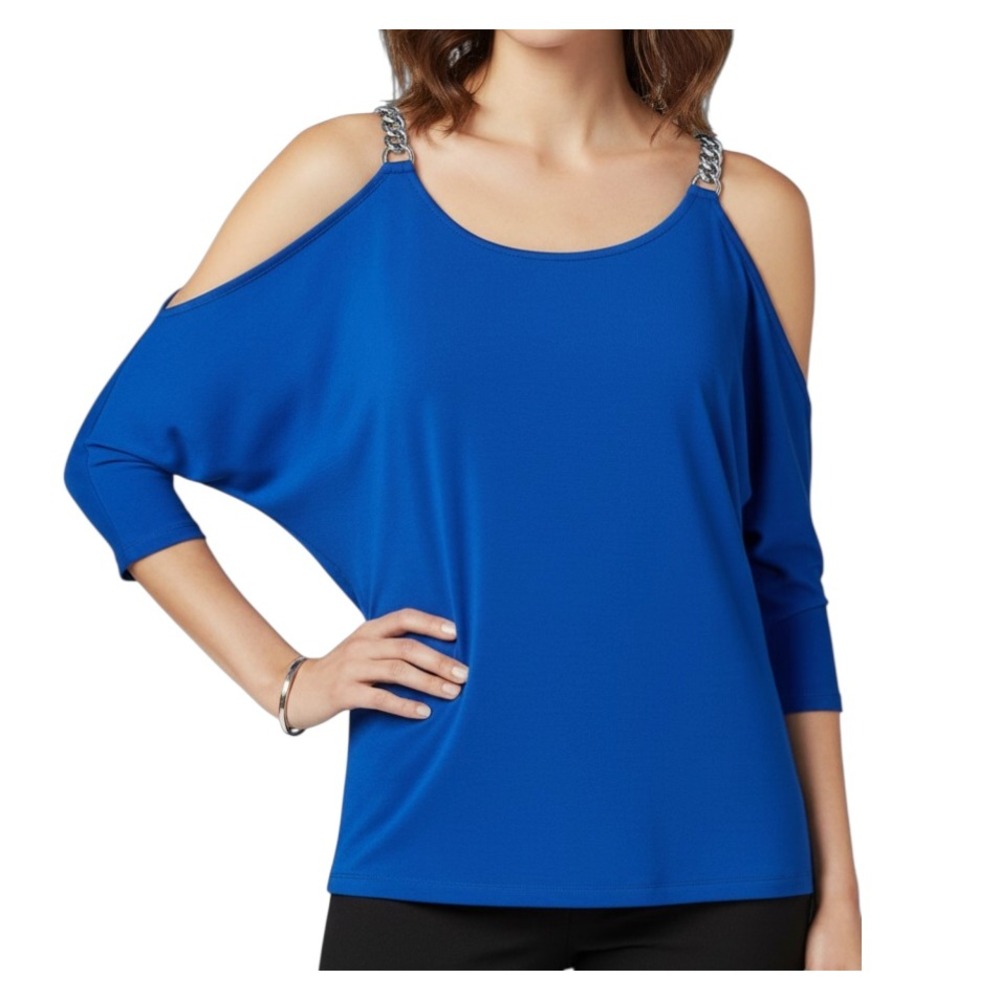 THALIA SODI Royal Blue CHAIN COLD-SHOULDER Ruched Trim POLY-KNIT Blouse/Top Sz M
